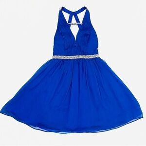 Minuet Royal Blue Cocktail Evening Halter Dress with Beaded Straps & Open Back